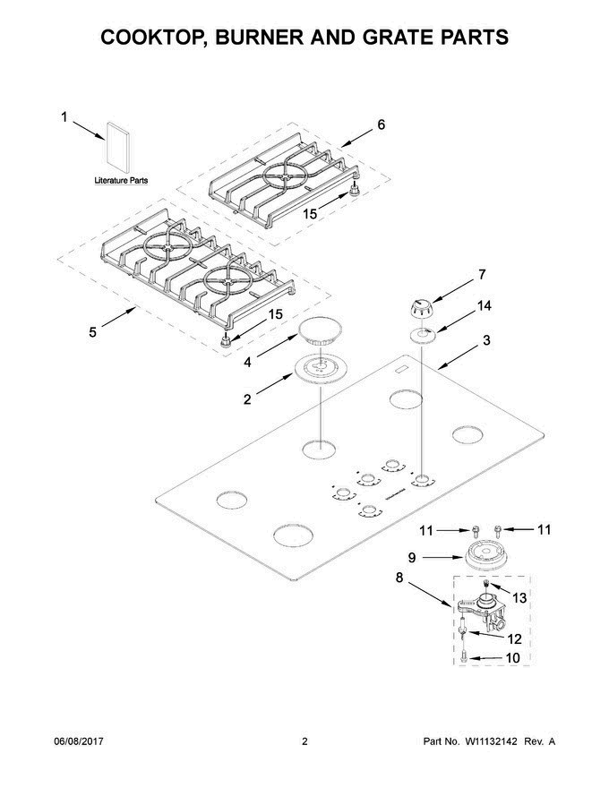 02 - Cooktop, Burner And Grate Parts Diagram and Parts List for KGCC566RBL07  KitchenAid Cooktop