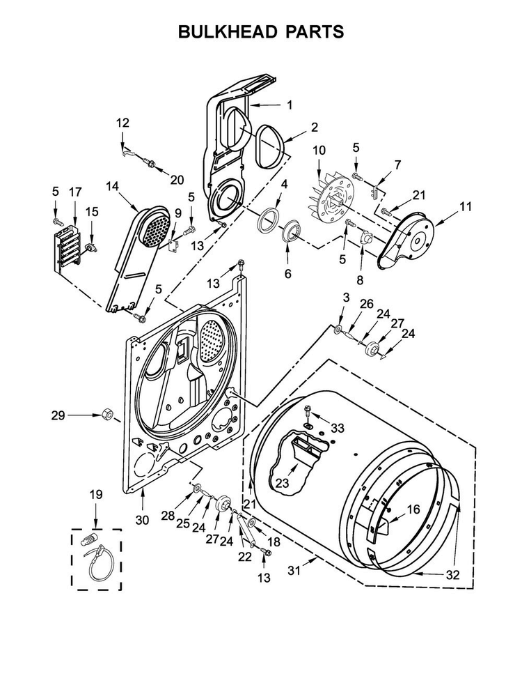 Bulkhead Parts Diagram and Parts List for 4KWED4605FW0  Whirlpool Dryer