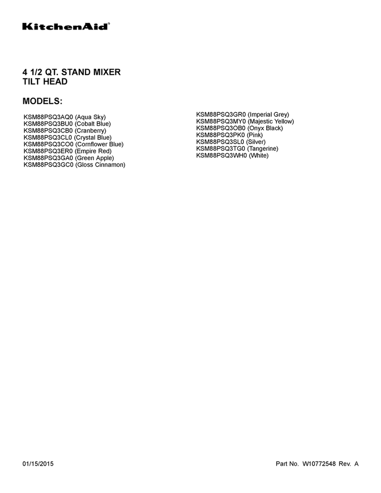 Cover Sheet Diagram and Parts List for KSM88PSQ3WH0  KitchenAid Mixer
