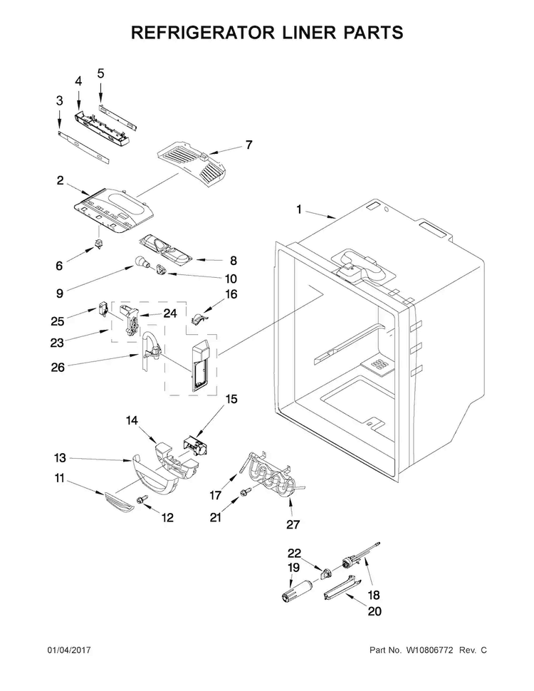 Refrigerator Liner Parts Diagram and Parts List for KRFC302EPA00  KitchenAid Refrigerator