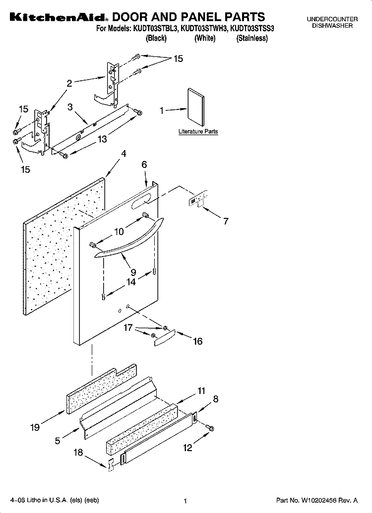 DOOR AND PANEL PARTS Diagram and Parts List for KUDT03STSS3  KitchenAid Dishwasher
