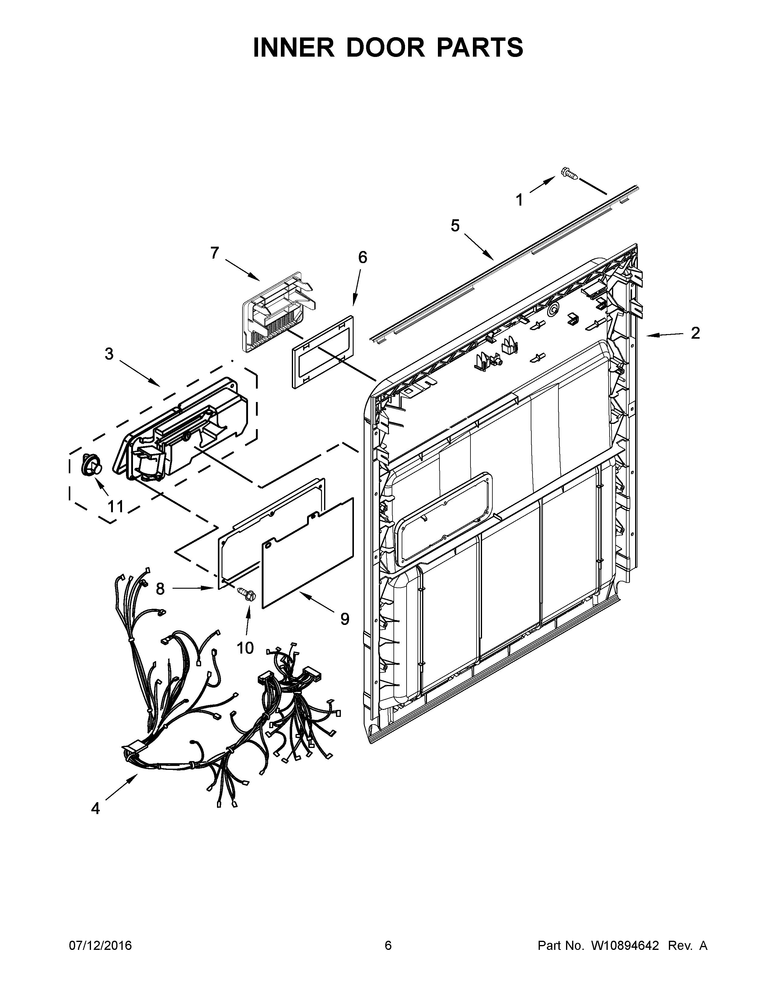Inner Door Parts Diagram and Parts List for 66513009N511  Kenmore Dishwasher