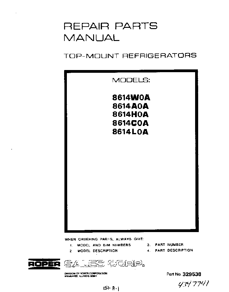 Cover Diagram and Parts List for 8614*0A  Roper Refrigerator