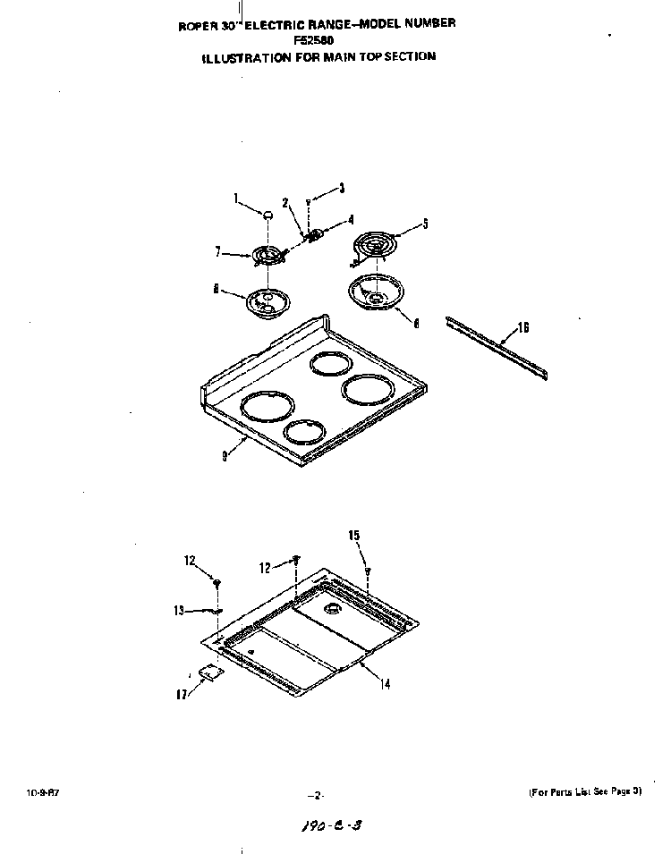 Main Top Diagram and Parts List for F5258*0  Roper Range