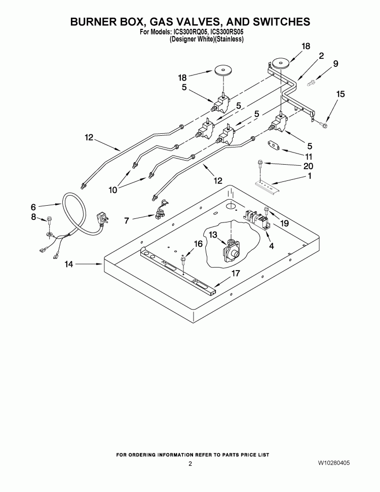 BURNER BOX, GAS VALVES, AND SWITCHES Diagram and Parts List for ICS300RQ05  Whirlpool Cooktop
