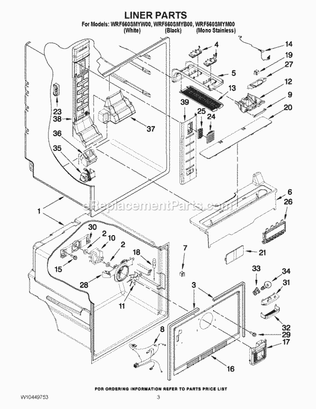 Liner Parts Diagram and Parts List for WRF560SMYB00  Whirlpool Refrigerator