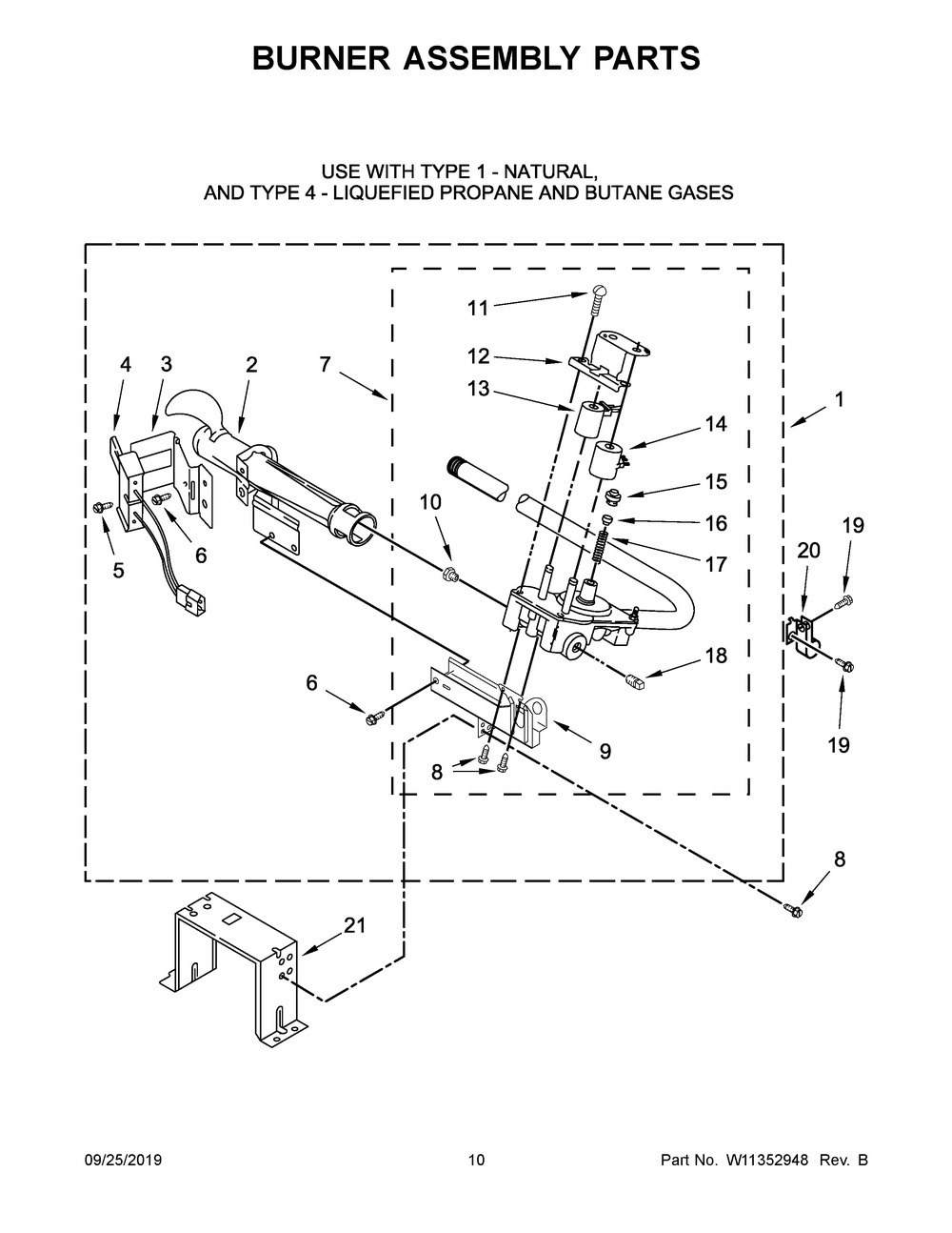 Burner Assembly Parts Diagram and Parts List for 8TWGD5620HW0  Whirlpool Dryer