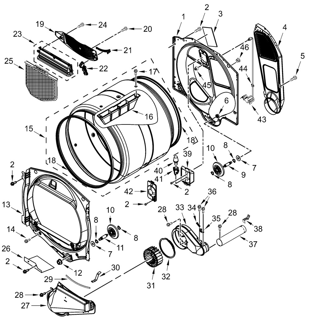 Bulkhead Parts Diagram and Parts List for YWED7120HC4  Whirlpool Dryer
