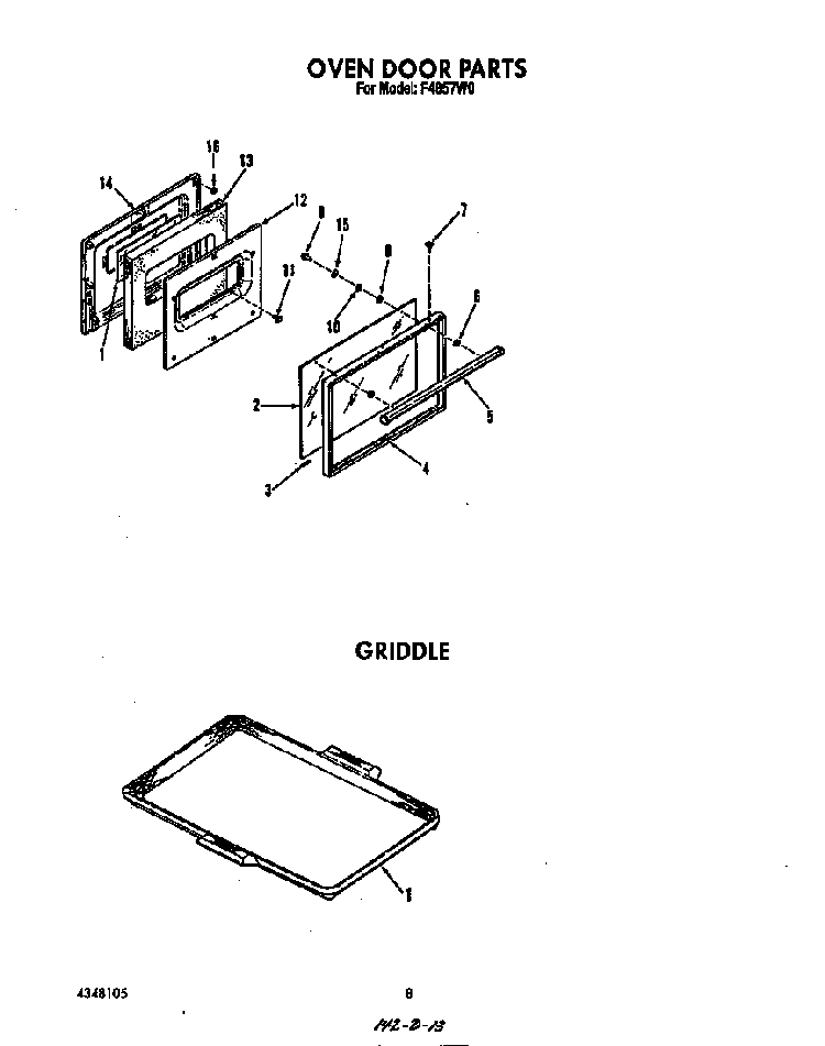 Oven Door Diagram and Parts List for F4857*0  Roper Range