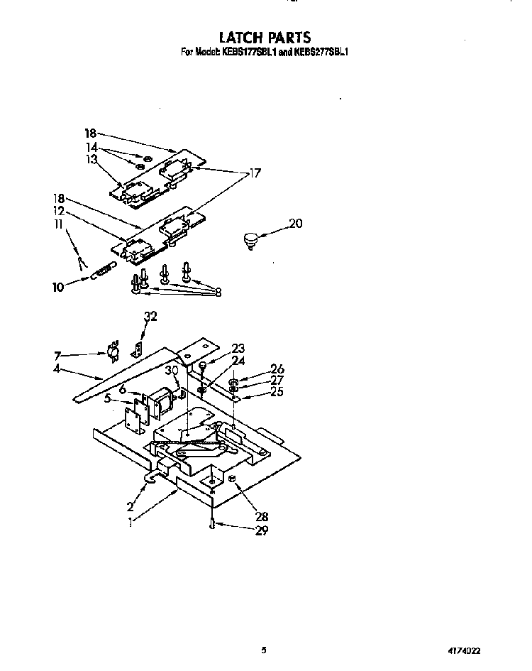 Latch Diagram and Parts List for KEBS177SBL1  KitchenAid Wall Oven