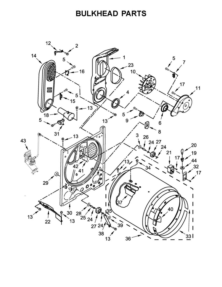 Bulkhead Parts Diagram and Parts List for WGD49STBW0  Whirlpool Dryer