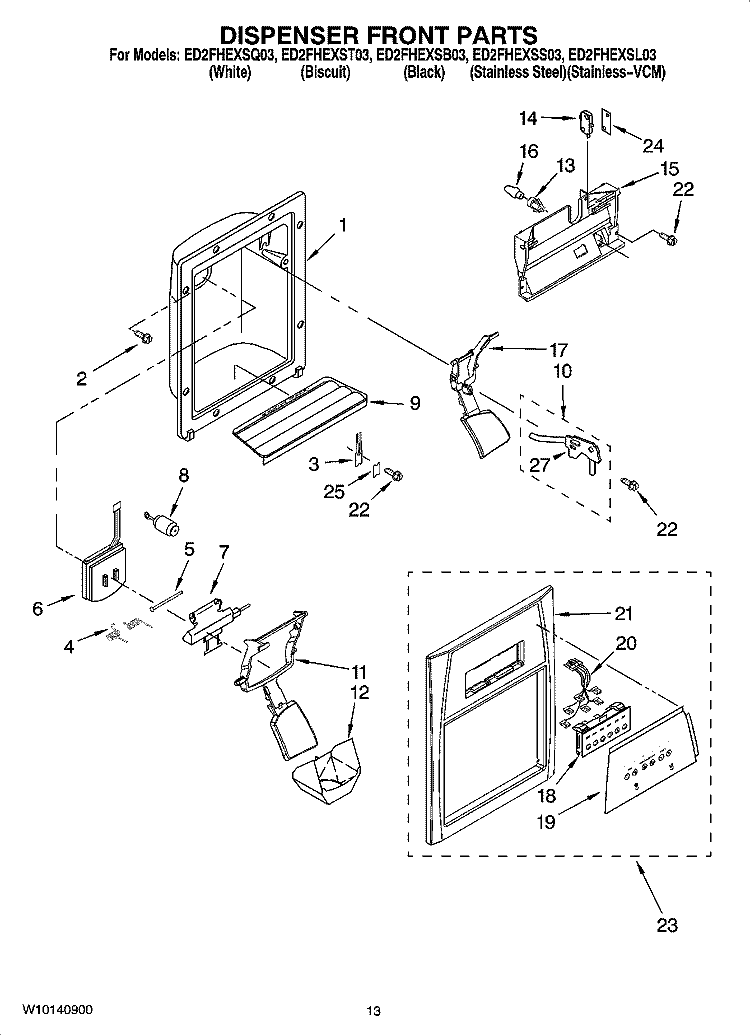 DISPENSER FRONT PARTS Diagram and Parts List for ED2FHEXSB03  Whirlpool Refrigerator