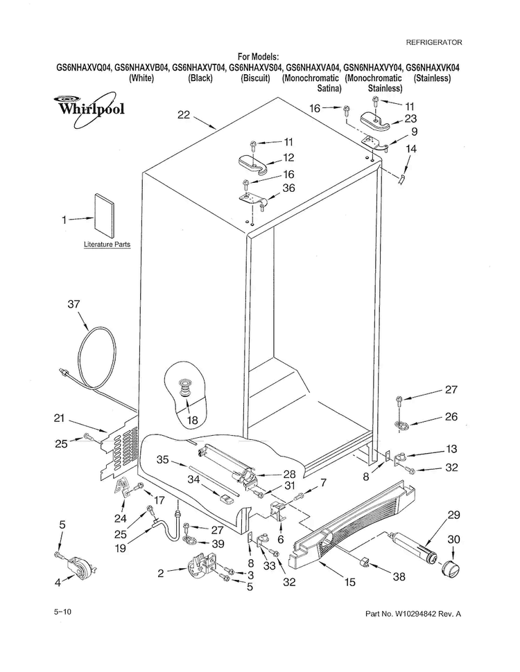 Cabinet Diagram and Parts List for GS6NHAXVB04  Whirlpool Refrigerator