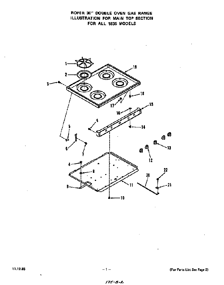 Main Top Diagram and Parts List for 1835*1A  Roper Range