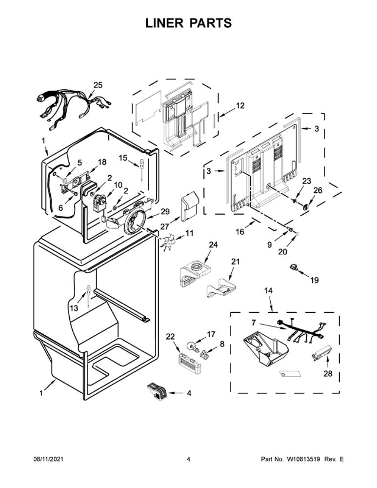 Liner Parts Diagram and Parts List for WRT318FZDB01  Whirlpool Refrigerator