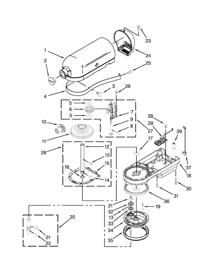 Case, Gearing And Planetary Unit Parts Diagram and Parts List for 9KSM5CBWH1  KitchenAid Mixer