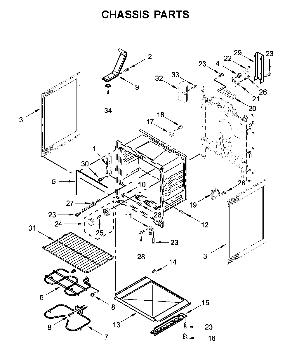 Chassis parts Diagram and Parts List for WFE320M0JS0  Whirlpool Range