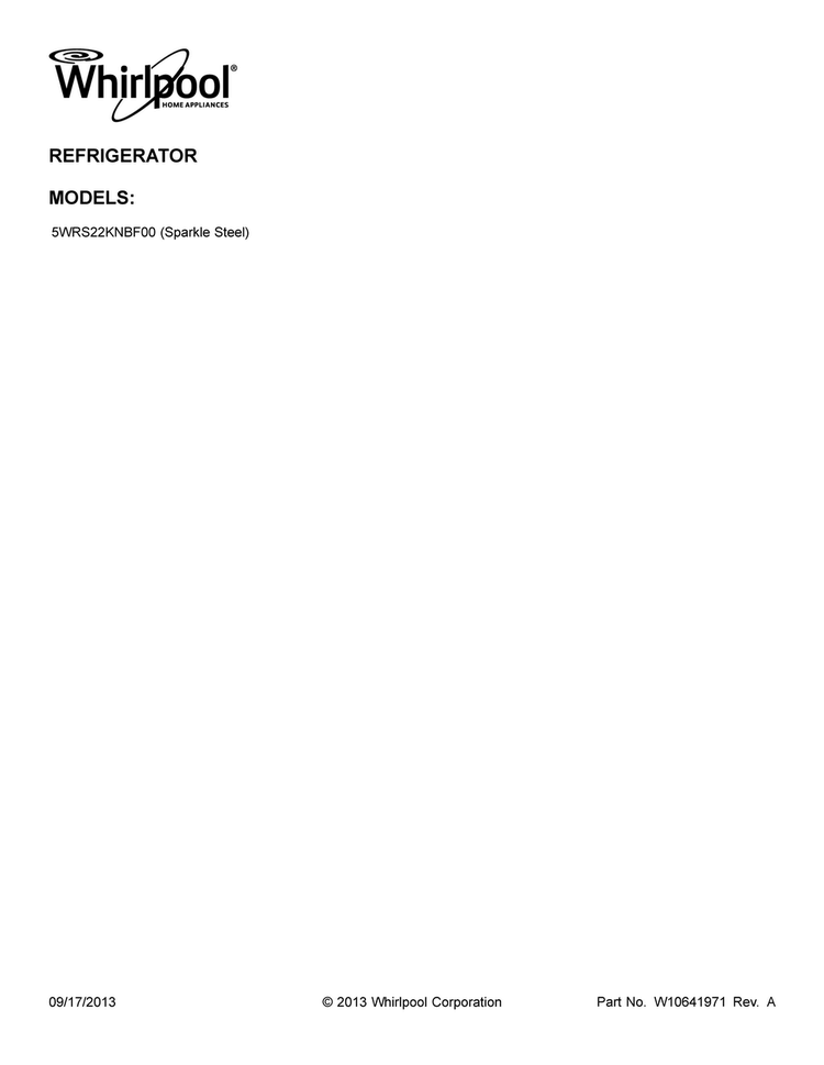 Cover Sheet Diagram and Parts List for 5WRS22KNBF00  Whirlpool Refrigerator