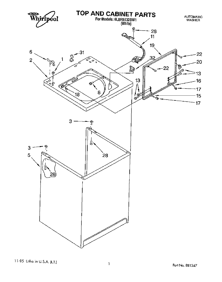 TOP AND CABINET, LIT/OPTIONAL Diagram and Parts List for 6LBR5132BW1  Whirlpool Washer