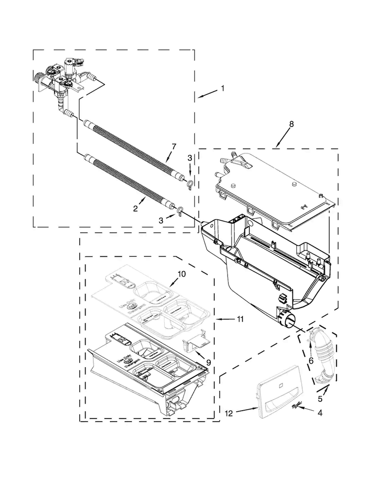 Dispenser Parts Diagram and Parts List for WFW70HEBW2  Whirlpool Washer