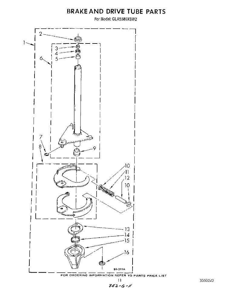 BRAKE AND DRIVE TUBE Diagram and Parts List for GLA5580XSM2  Whirlpool Washer