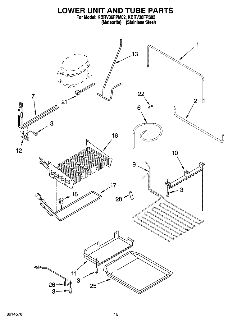 LOWER UNIT AND TUBE PARTS Diagram and Parts List for KBRV36FPM02  KitchenAid Refrigerator