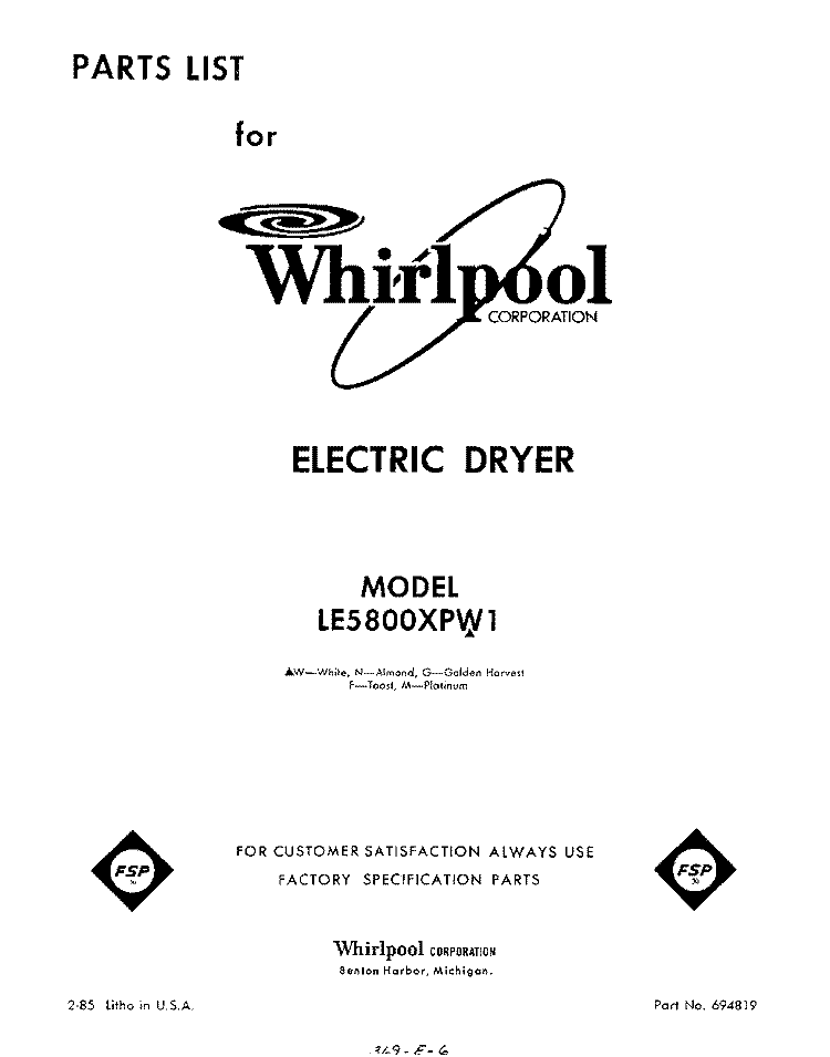 SECTION Diagram and Parts List for LE5800XPW1  Whirlpool Dryer
