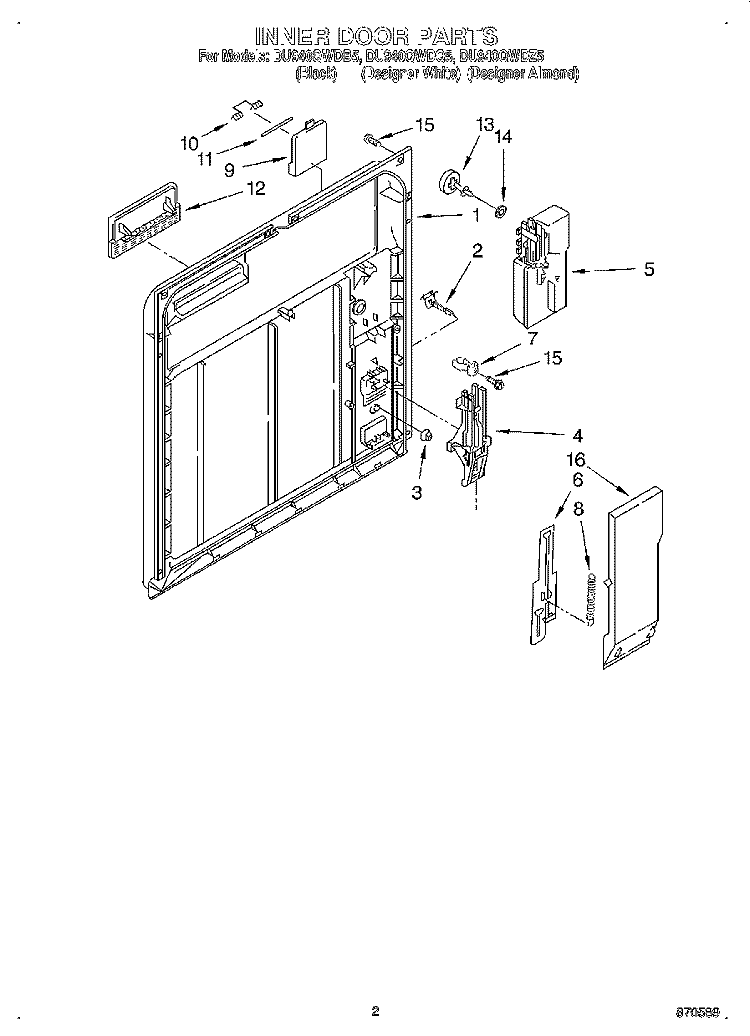 INNER DOOR Diagram and Parts List for DU940QWDB5  Whirlpool Dishwasher