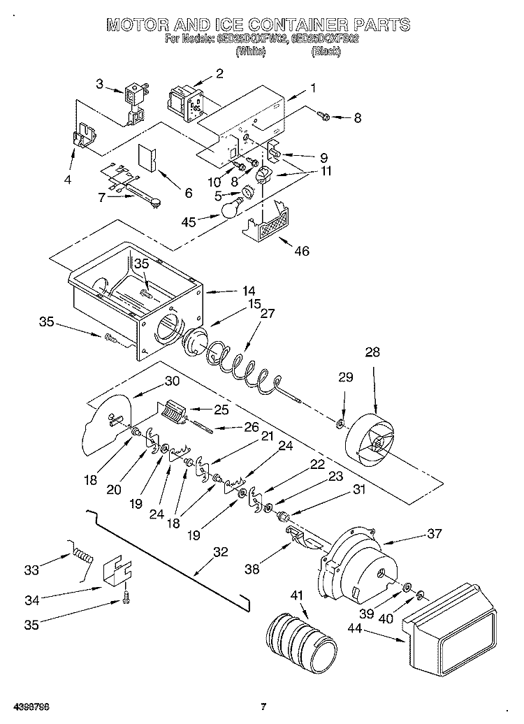 MOTOR AND ICE CONTAINER Diagram and Parts List for 6ED25DQXFB02  Whirlpool Refrigerator
