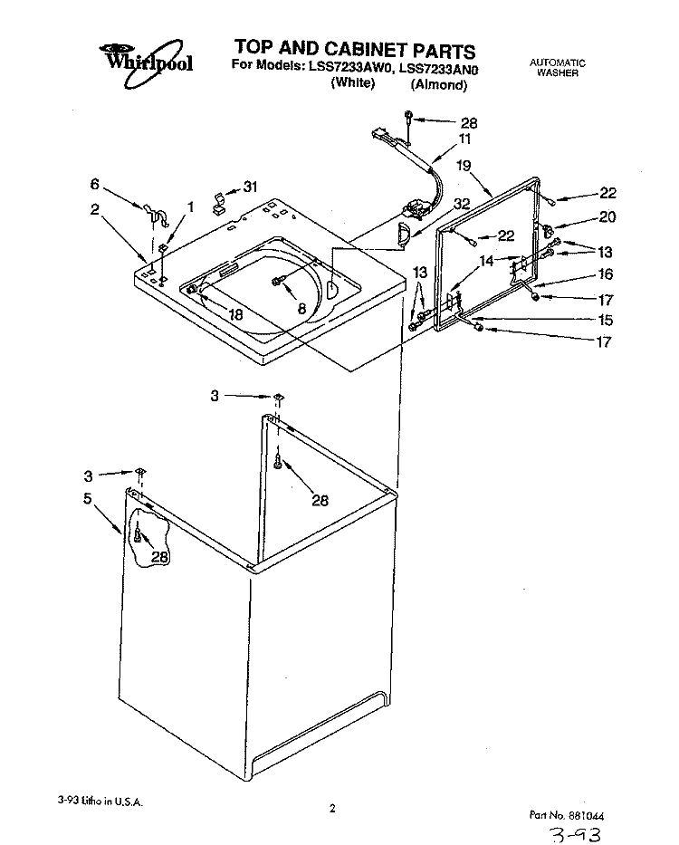 TOP AND CABINET, LIT/OPTIONAL Diagram and Parts List for LSS7233AN0  Whirlpool Washer