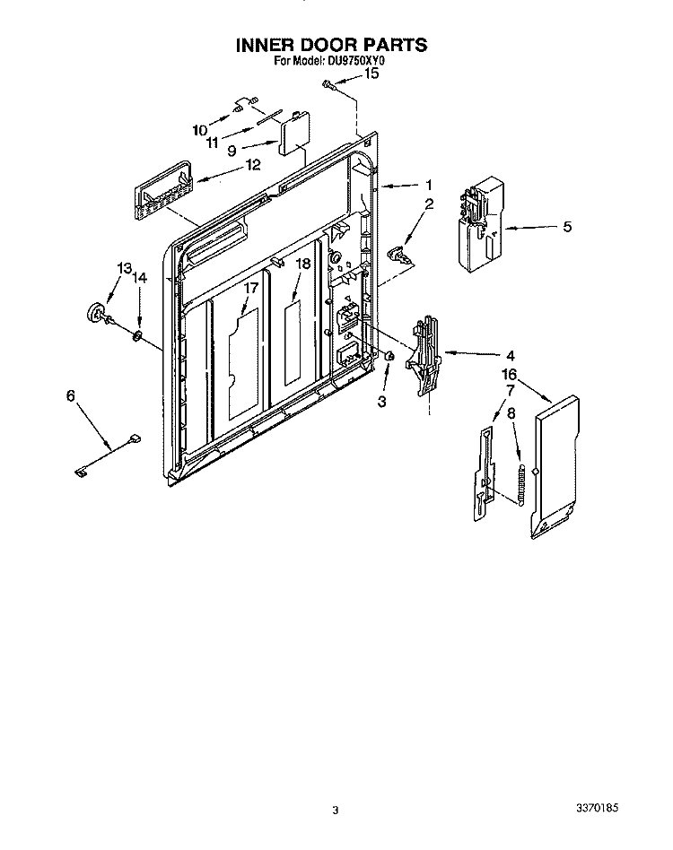 INNER DOOR Diagram and Parts List for DU9750XY0  Whirlpool Dishwasher