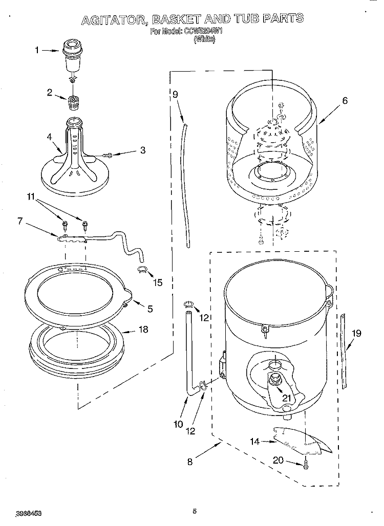 AGITATOR, BASKET AND TUB Diagram and Parts List for CCW5294W1  Whirlpool Washer