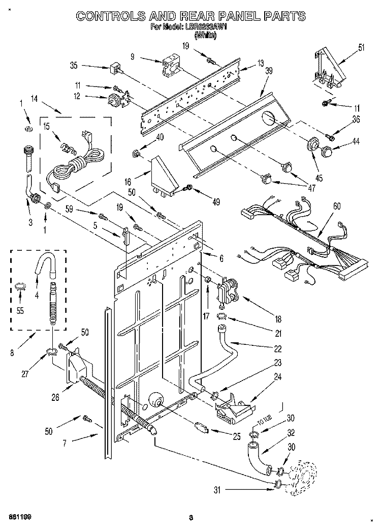 CONTROLS AND REAR PANEL Diagram and Parts List for LBR6233AW1  Whirlpool Washer
