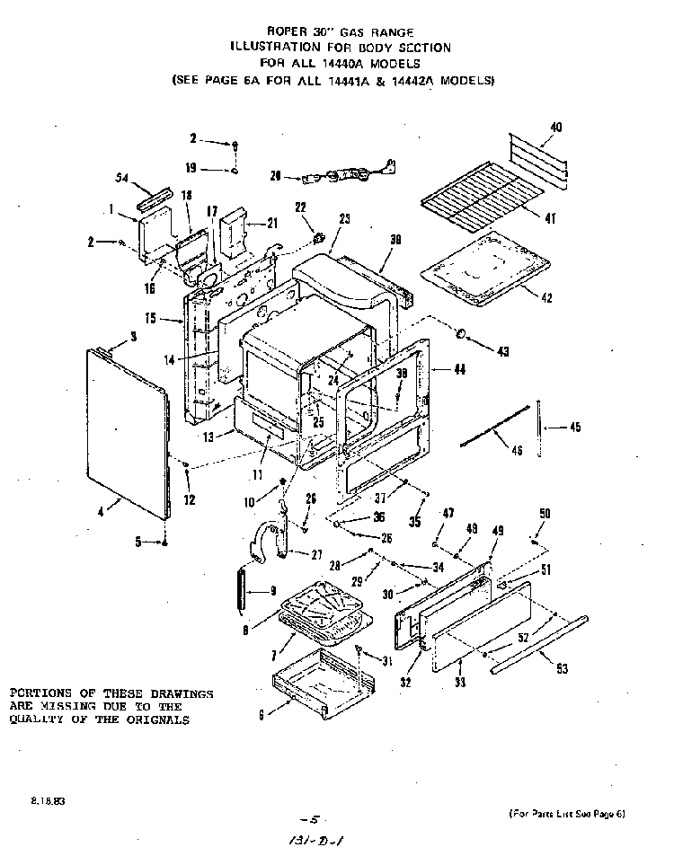 Section 1 Diagram and Parts List for 1444W2A  Roper Range