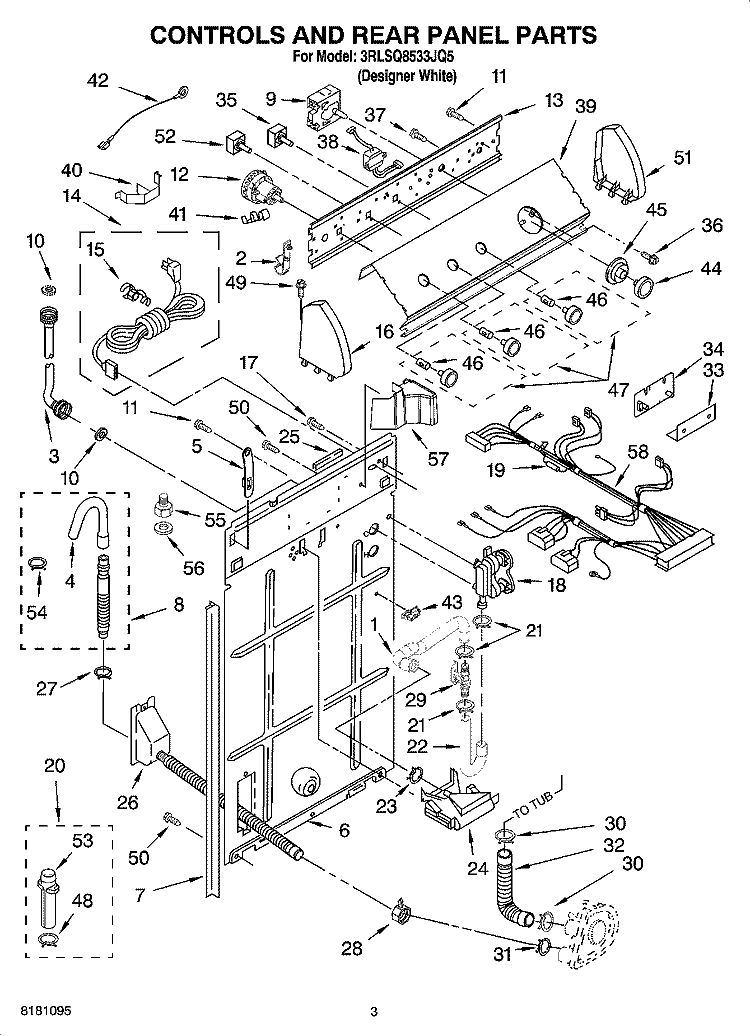 CONTROLS AND REAR PANEL PARTS Diagram and Parts List for 3RLSQ8533JQ5  Whirlpool Washer