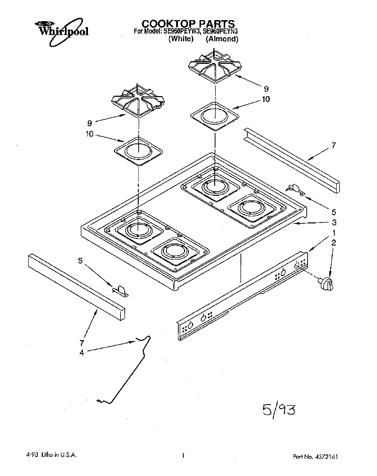 COOKTOP PARTS Diagram and Parts List for SE960PEYN3  Whirlpool Range