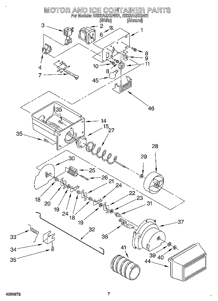 MOTOR AND ICE CONTAINER Diagram and Parts List for RS22AQXGW01  Roper Refrigerator