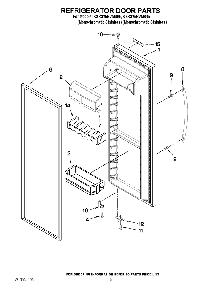 REFRIGERATOR DOOR PARTS Diagram and Parts List for KSRS25RVMK05  KitchenAid Refrigerator