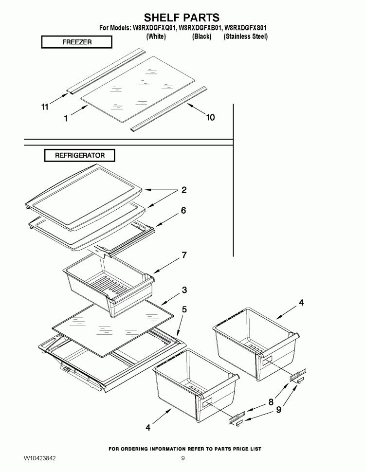 SHELF PARTS Diagram and Parts List for W8RXDGFXB01  Whirlpool Refrigerator
