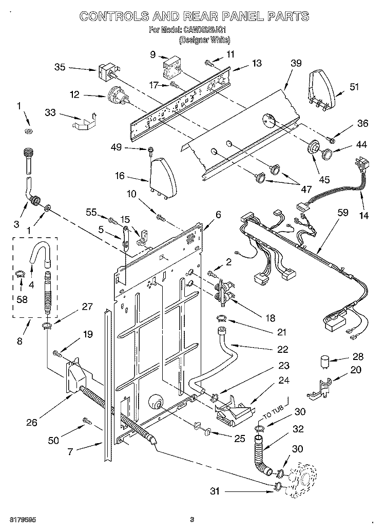 CONTROLS AND REAR PANEL Diagram and Parts List for CAWX629JQ1  Whirlpool Washer