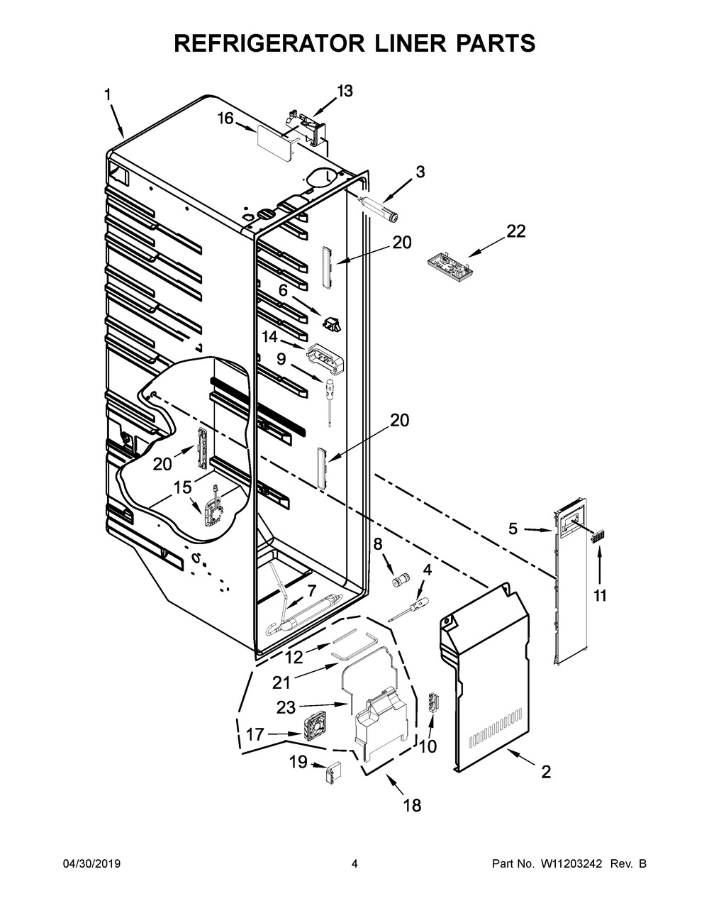 Refrigerator Liner Parts Diagram and Parts List for KRSC503ESS01  Whirlpool Refrigerator