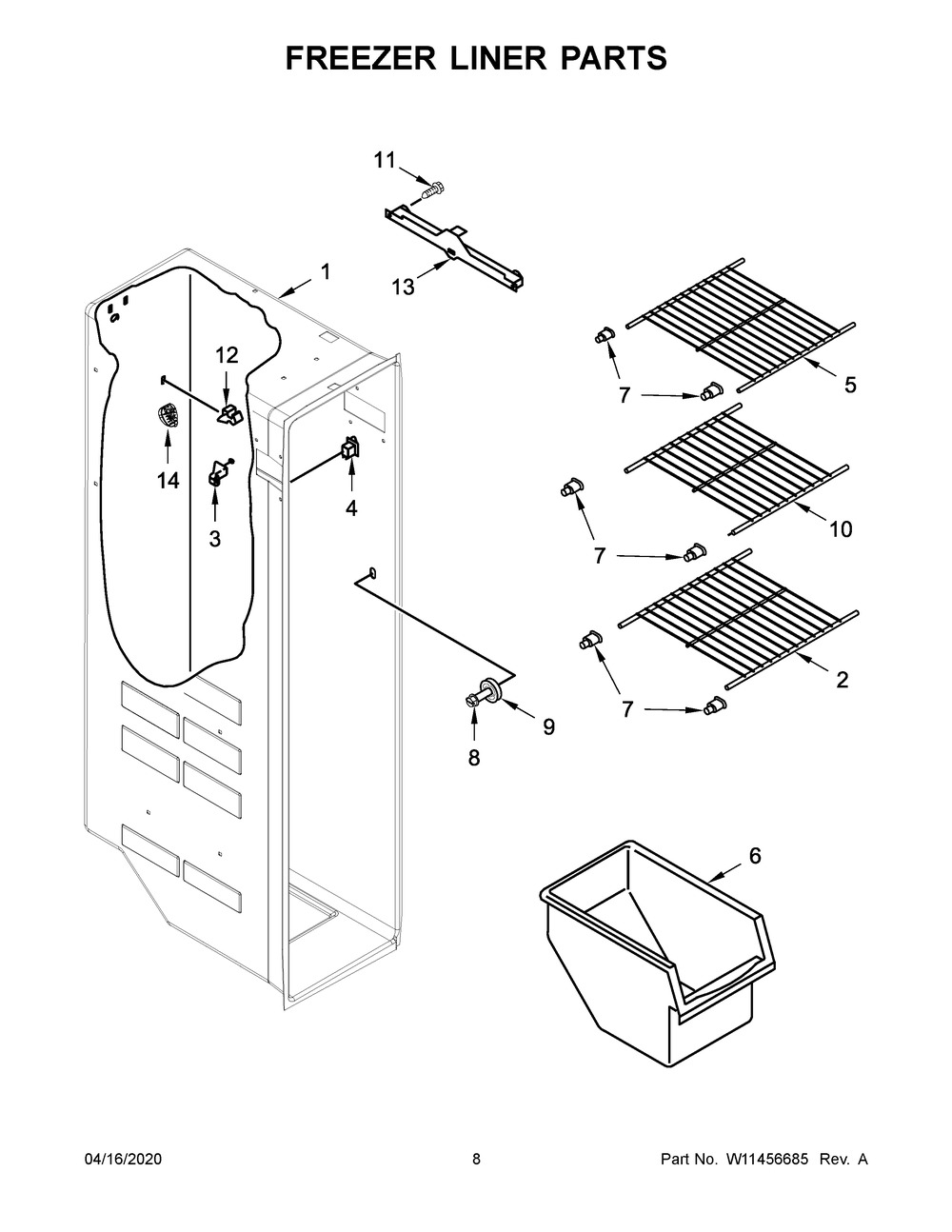 Freezer Liner Parts Diagram and Parts List for WRS311SDHM05  Whirlpool Refrigerator