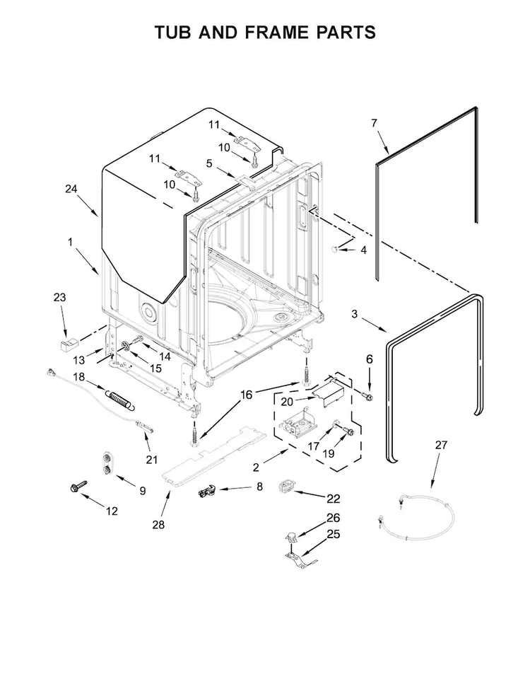 Tub And Frame Parts Diagram and Parts List for KDTE204EBL4  KitchenAid Dishwasher