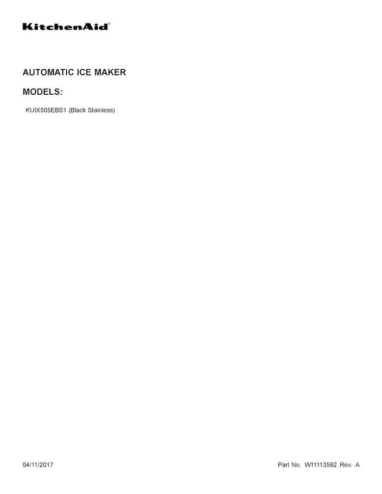 Cover Sheet Diagram and Parts List for KUIX505EBS1  KitchenAid Ice Maker