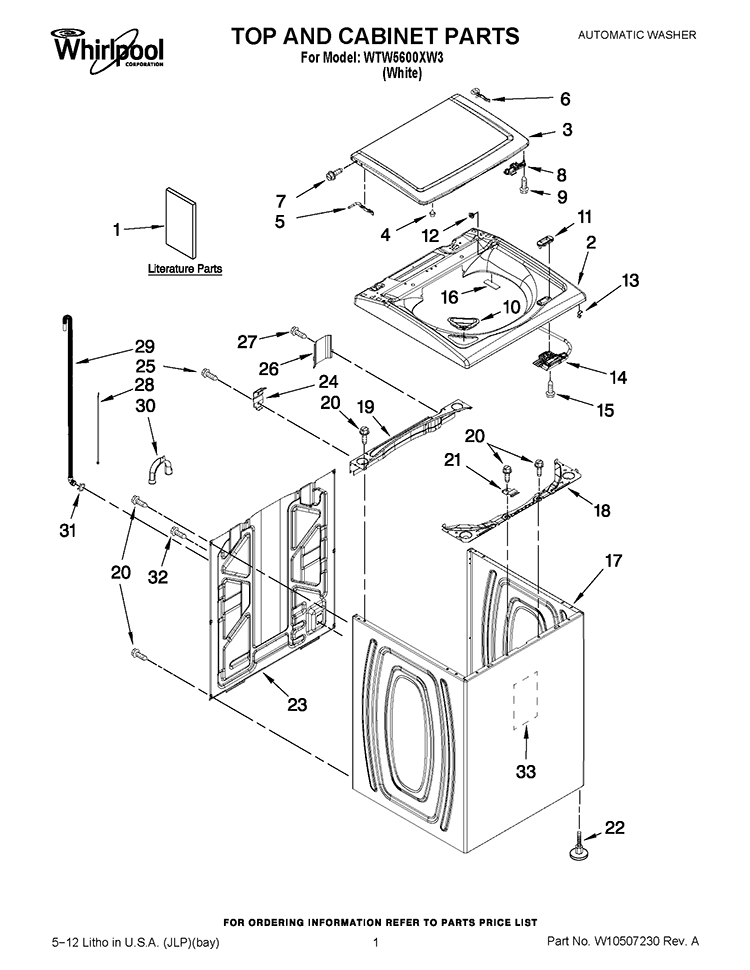 TOP AND CABINET PARTS Diagram and Parts List for WTW5600XW3  Whirlpool Washer