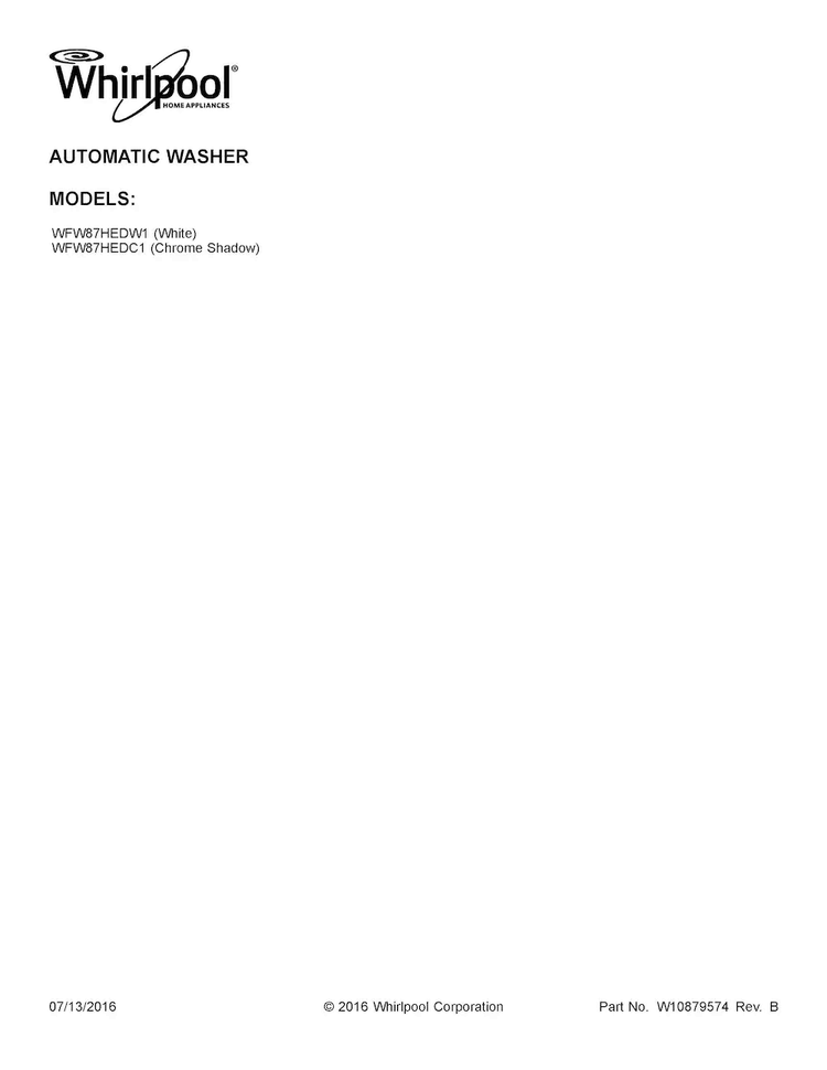 Cover Sheet Diagram and Parts List for WFW87HEDW1  Whirlpool Washer