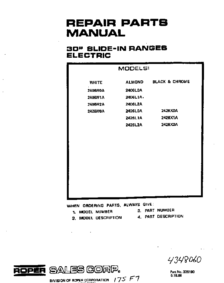 Front Cover Diagram and Parts List for 2426*2A  Roper Range