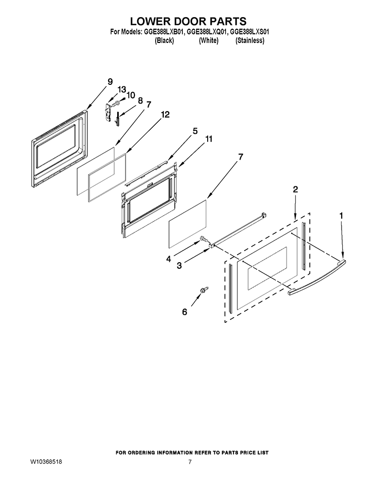 LOWER DOOR PARTS Diagram and Parts List for GGE388LXQ01  Whirlpool Range
