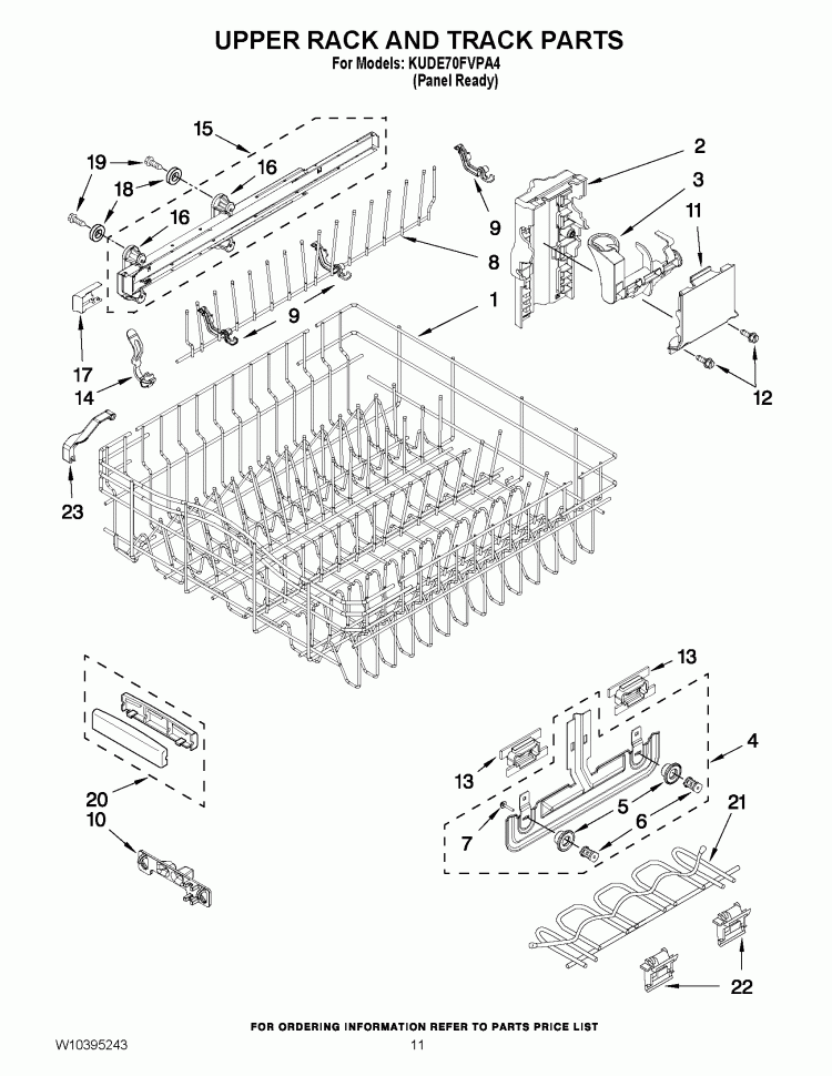 UPPER RACK AND TRACK PARTS Diagram and Parts List for KUDE70FVPA4  KitchenAid Dishwasher