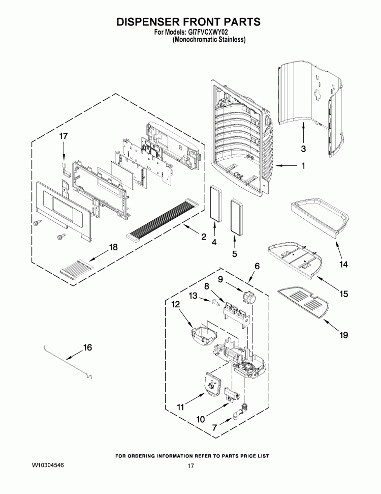 DISPENSER FRONT PARTS Diagram and Parts List for GI7FVCXWY02  Whirlpool Refrigerator